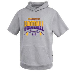 8220Y-GREY-STRIPE Stripe Football Pennant Youth Fleece Short Sleeve Hoodie
